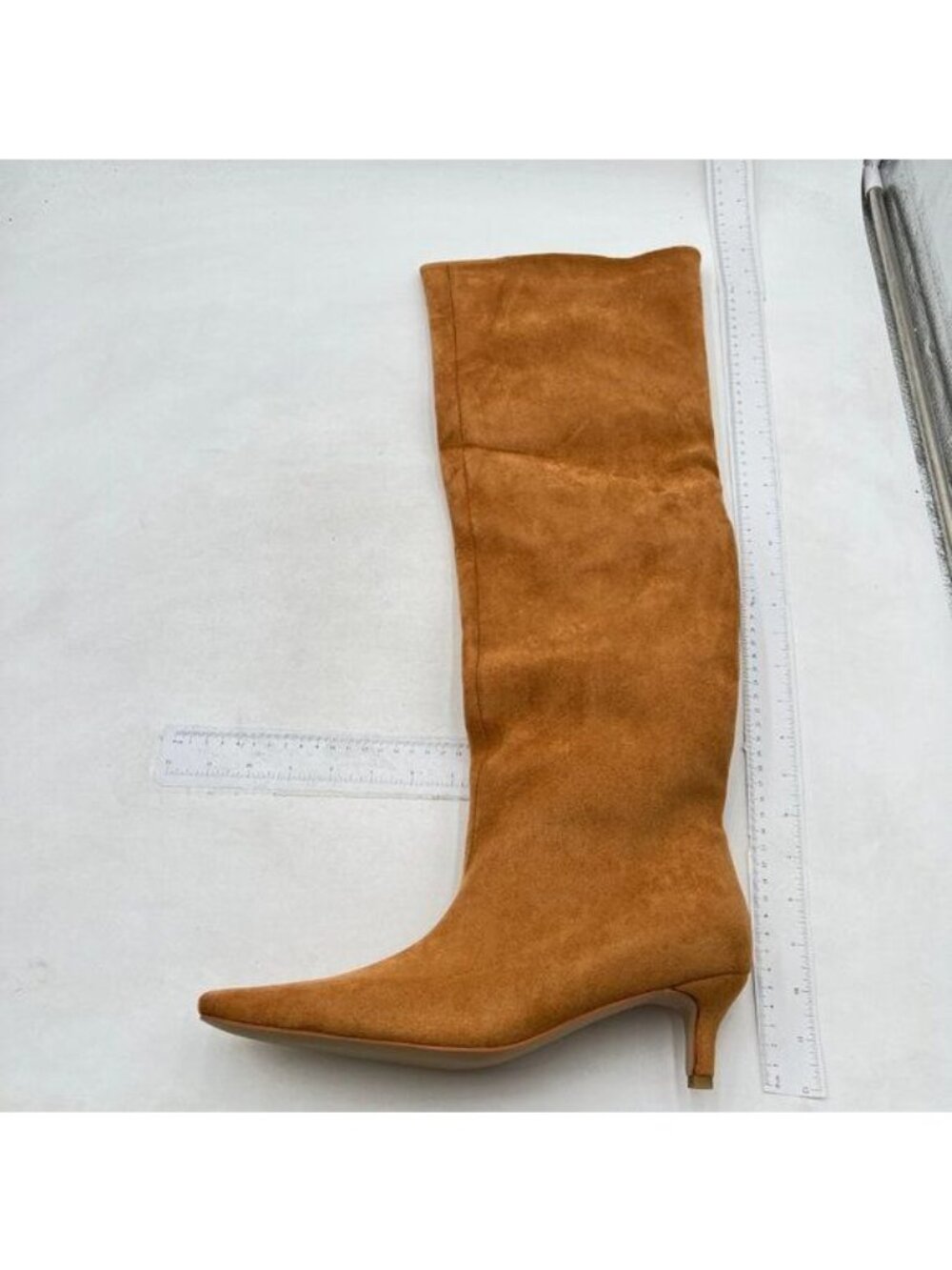 miss left Women Stretchy Knee High Boots Square Toe Low Kitten Heels Brown
